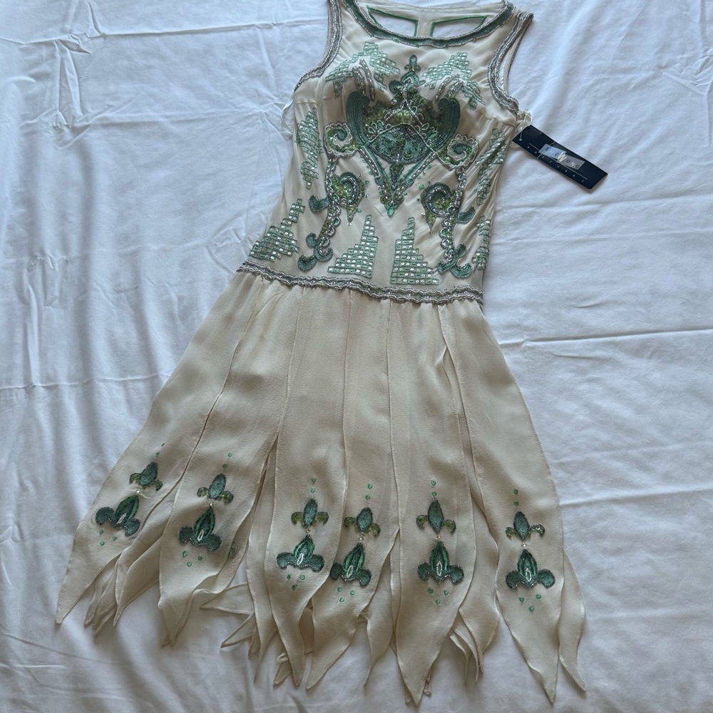 Sue Wong Beaded Green and Cream Dress Size 8
